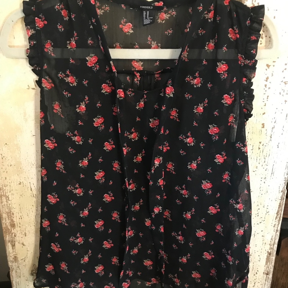Forever 21 sleeveless ruffle tie-neck black and pink floral sheer blouse